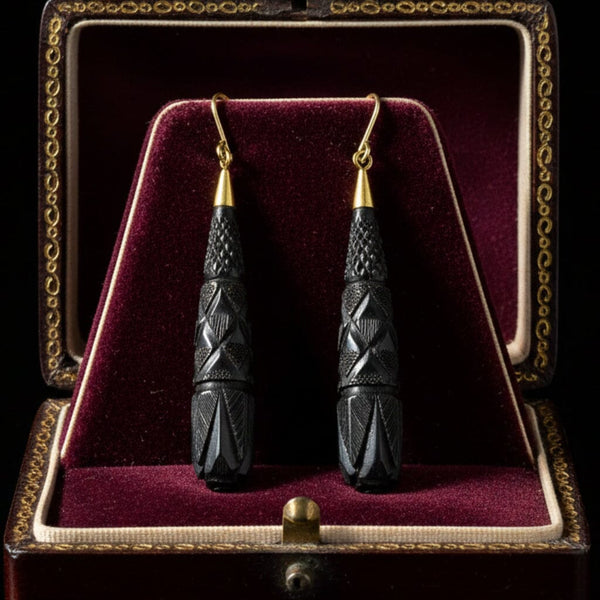 Victorian 9K Gold Carved Whitby Jet Earrings
