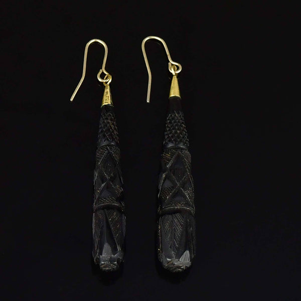 Victorian 9K Gold Carved Whitby Jet Earrings