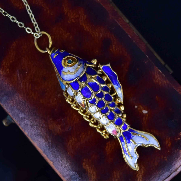 Vintage Gold Vermeil Blue Enamel Koi Articulated Fish Necklace - Boylerpf