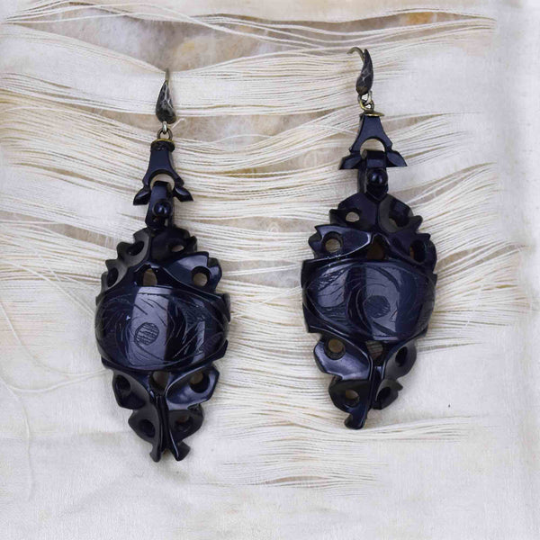 Antique Carved Whitby Jet Victorian Mourning Earrings