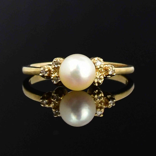 Vintage 14K Gold Diamond Pearl Engagement Ring