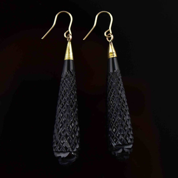 Antique Victorian Gold Carved Whitby Jet Earrings - Boylerpf