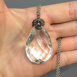 Vintage Silver Thistle Faceted Rock Crystal Pendant Necklace - Boylerpf