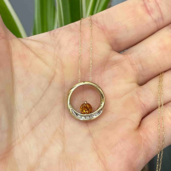 Vintage 10K Gold Diamond Citrine Circular Slider Pendant Necklace - Boylerpf