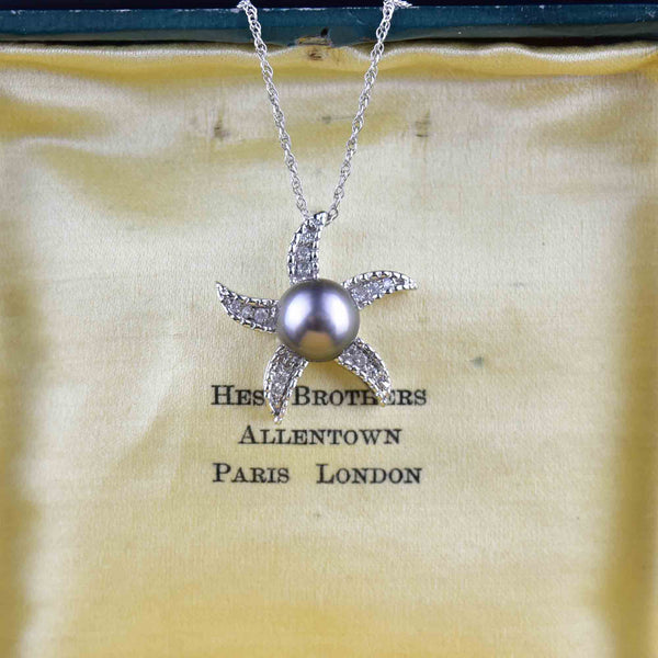 Vintage 14K White Gold Black Pearl Diamond Starfish Necklace - Boylerpf
