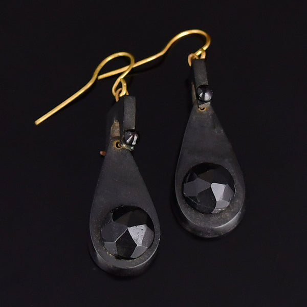Antique Victorian Carved Whitby Jet Earrings - Boylerpf