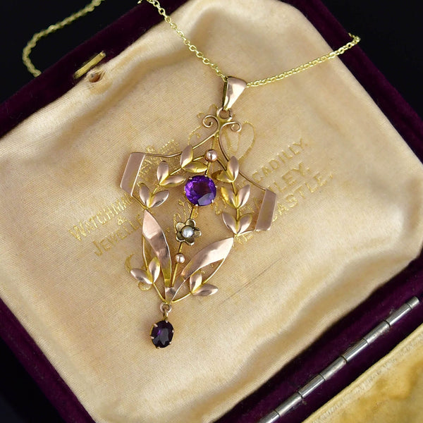 Antique Edwardian Gold Amethyst Seed Pearl Pendant - Boylerpf