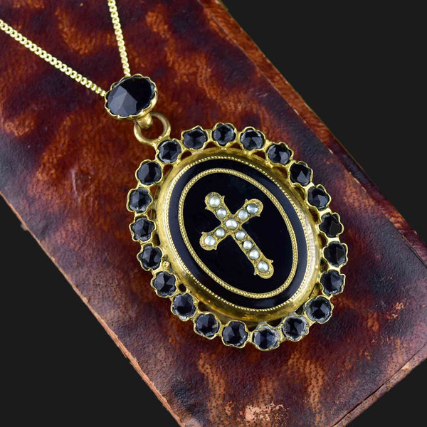 Antique Victorian Carved Whitby Jet Seed Pearl Cross Locket - Boylerpf