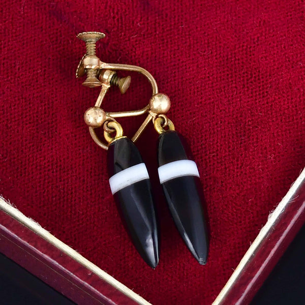 Antique Gold Banded Agate Screw Back Drop Earrings - Boylerpf