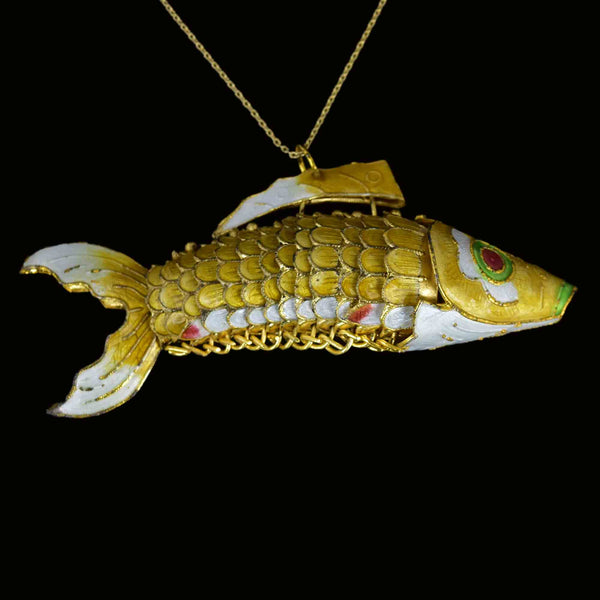 Vintage Articulated Gold Vermeil Yellow Enamel Koi Fish Necklace - Boylerpf