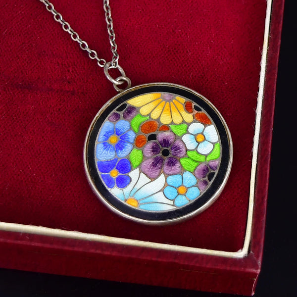 Vintage Bernard Instone Silver Enamel Flower Pendant Necklace