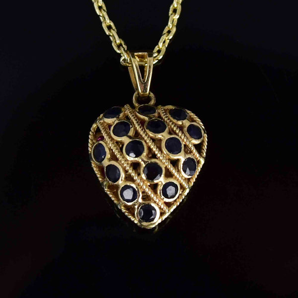 Vintage 14K Gold Filigree Ruby Sapphire Heart Pendant Necklace - Boylerpf