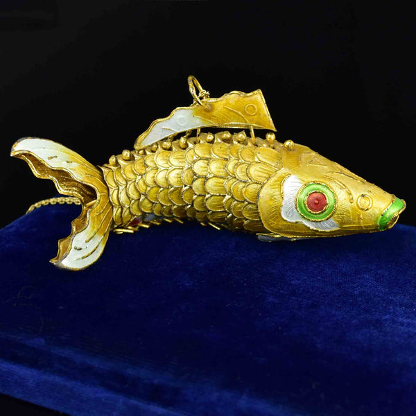 Vintage Articulated Gold Vermeil Yellow Enamel Koi Fish Necklace - Boylerpf