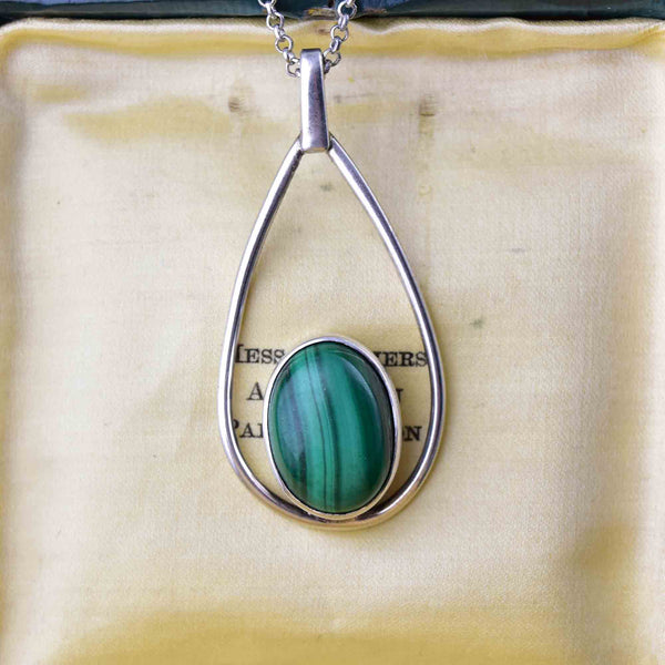 Vintage Sterling Silver Malachite Pendant Necklace - Boylerpf