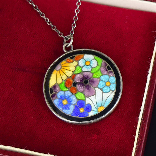 Vintage Arts & Crafts Silver Enamel Flower Necklace
