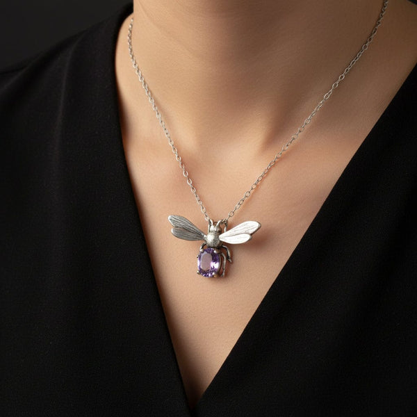 Vintage Sterling Silver Amethyst Bee Pendant Necklace - Boylerpf