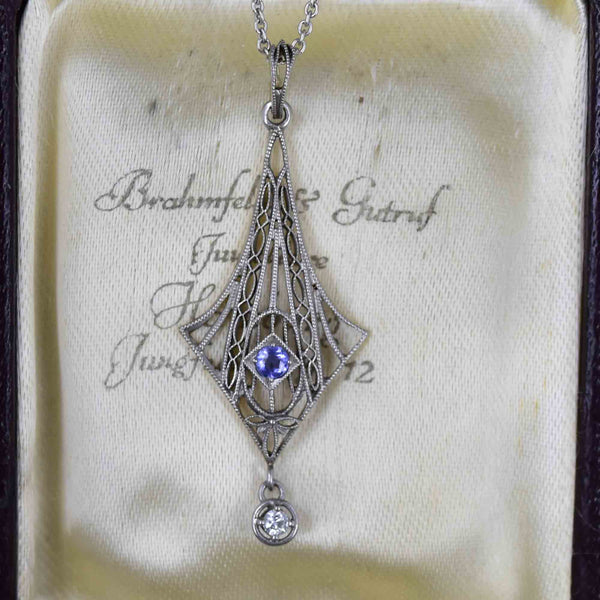 Antique 14K White Gold Blue Topaz Diamond Lavaliere Necklace - Boylerpf