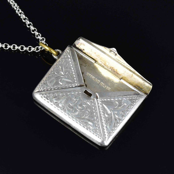 Antique Silver Engraved Envelope Stamp Holder Pendant Necklace - Boylerpf