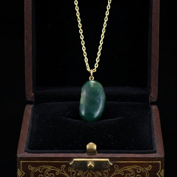 Vintage 9K Gold Moss Agate Lucky Bean Necklace
