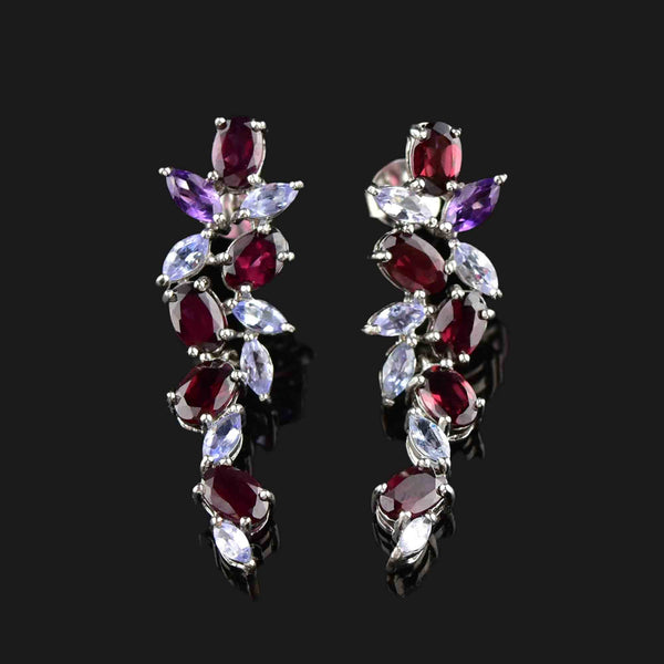 Vintage Silver Garnet Amethyst Tanzanite Drop Earrings - Boylerpf