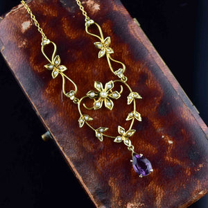 Antique 14K Gold Amethyst Pearl Lavalier Necklace - Boylerpf