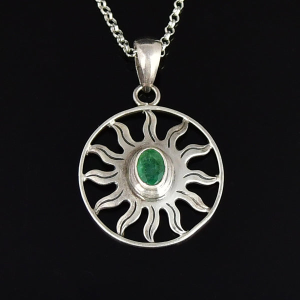 Vintage Emerald Sterling Silver Sun Pendant Necklace