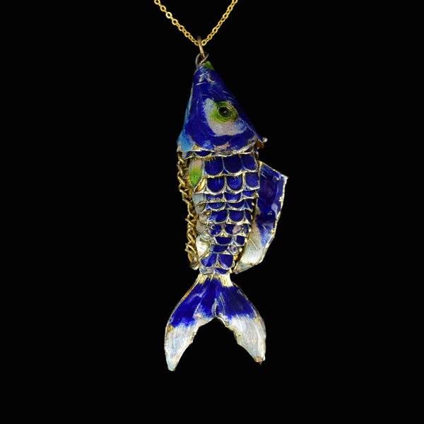 Vintage Large Articulated Blue Enamel Koi Fish Pendant Necklace - Boylerpf