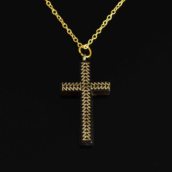 Antique Gold Inlay Pique Cross Pendant Necklace - Boylerpf
