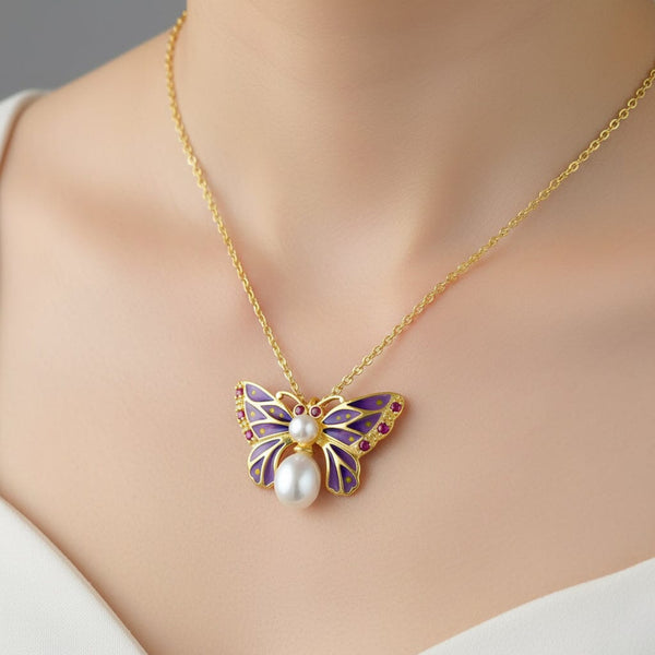 Plique a Jour Enamel Pearl Ruby Butterfly Brooch Pendant