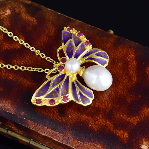 Plique a Jour Enamel Pearl Ruby Butterfly Brooch Pendant