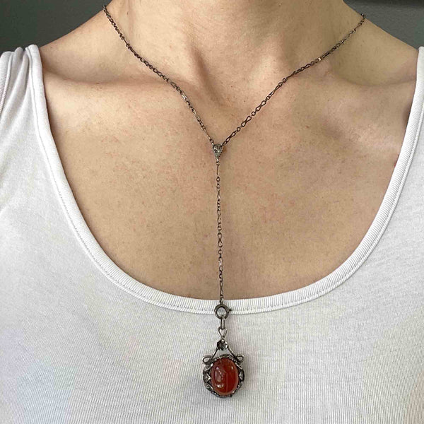 Vintage Art Deco Carnelian Scarab Y Chain Necklace - Boylerpf