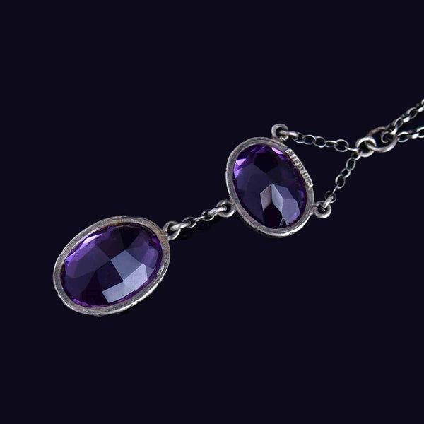 Antique Edwardian Silver 5.5 CTW Amethyst Drop Pendant Necklace - Boylerpf