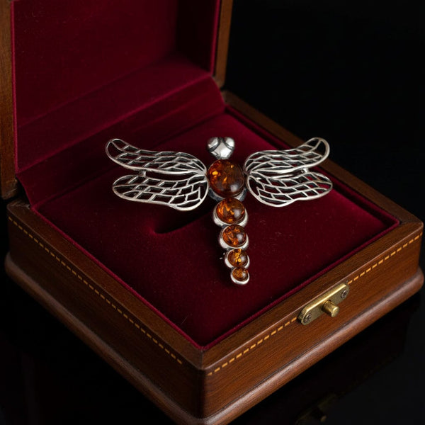 Vintage Amber Dragonfly Sterling Silver Brooch