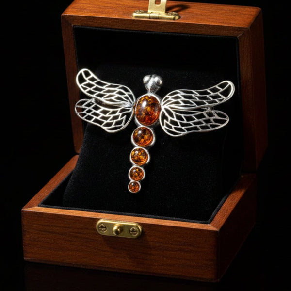 Vintage Amber Dragonfly Sterling Silver Brooch