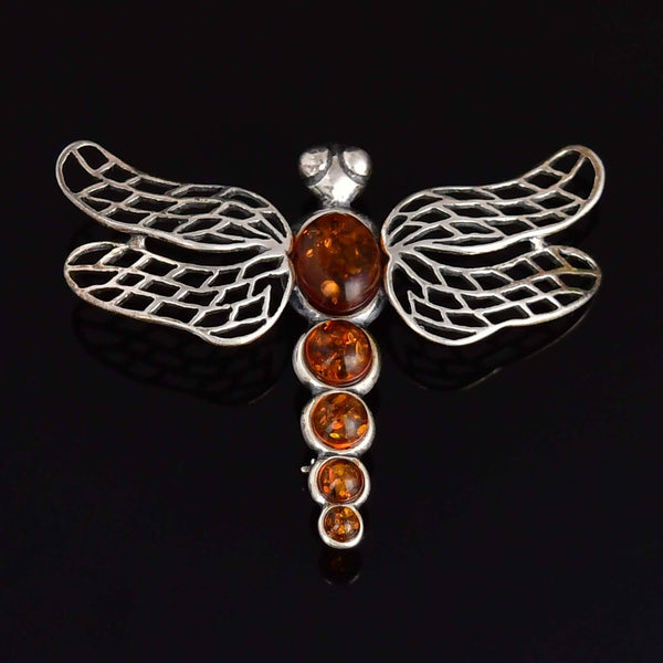 Vintage Amber Dragonfly Sterling Silver Brooch