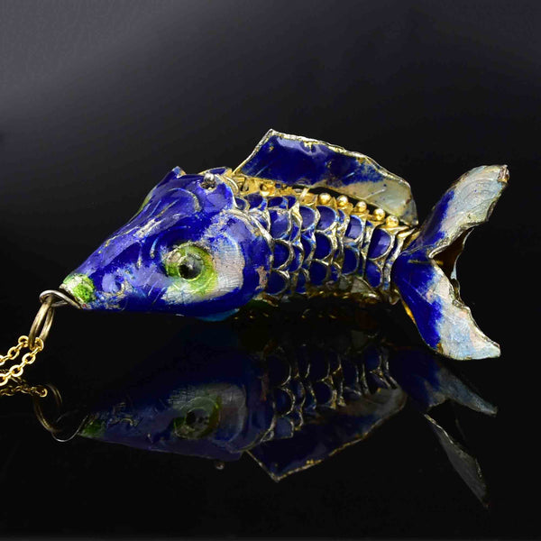 Vintage Large Articulated Blue Enamel Koi Fish Pendant Necklace - Boylerpf