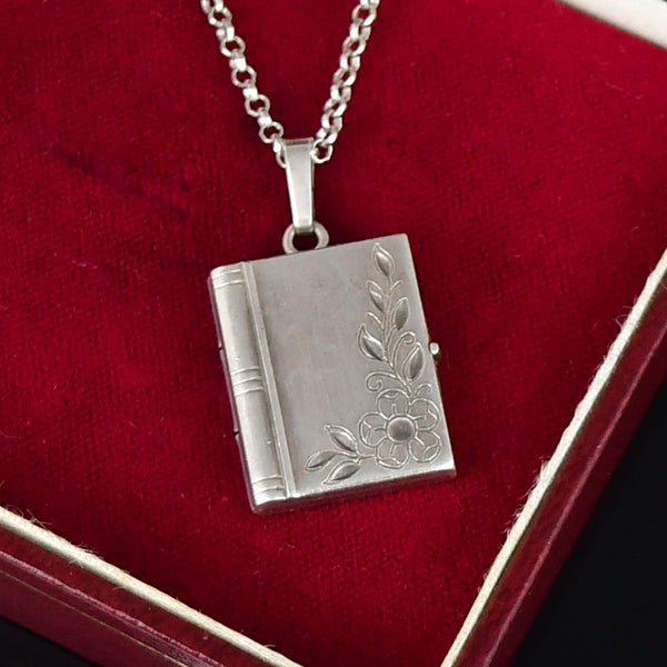 Vintage Forget Me Not Sterling Silver Book Locket Necklace