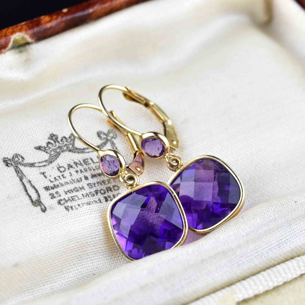 Vintage Cushion Cut Amethyst Drop Earrings in 14K Gold - Boylerpf