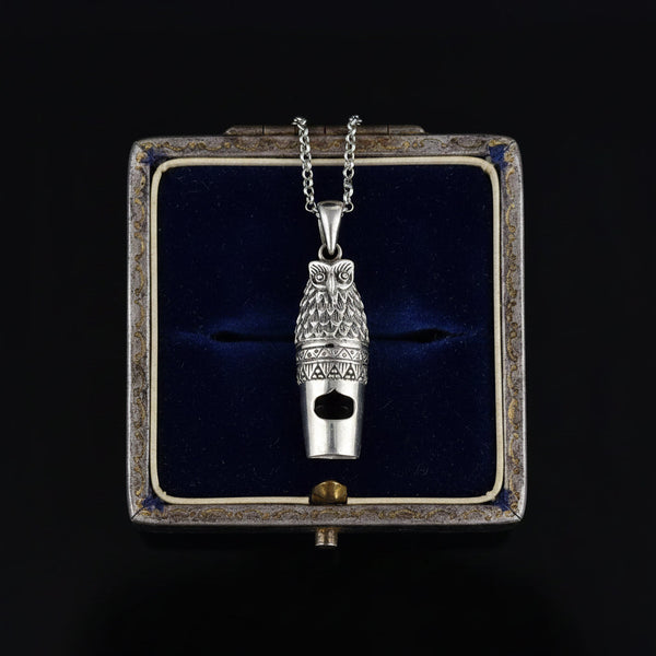 Vintage Owl Whistle Pendant Sterling Silver Necklace