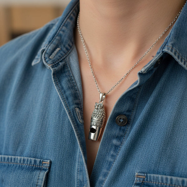Vintage Owl Whistle Pendant Sterling Silver Necklace