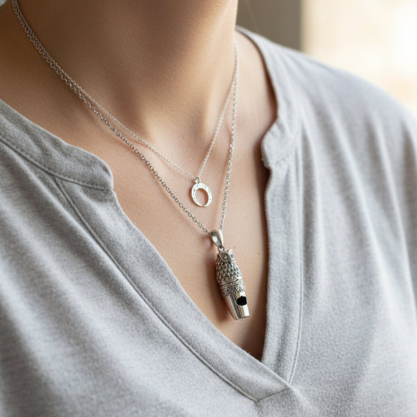 Vintage Owl Whistle Pendant Sterling Silver Necklace