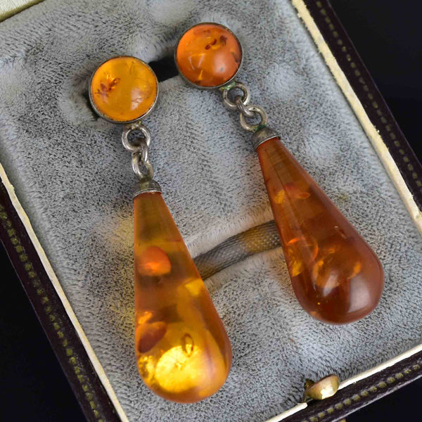 Vintage Art Deco Style Silver Baltic Amber Drop Earrings