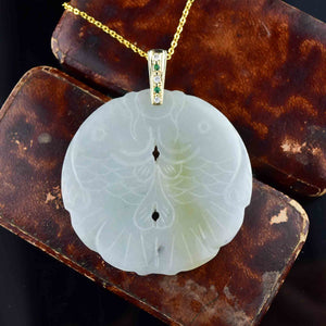 14K Gold Diamond Emerald Jade Fish Pendant Necklace - Boylerpf