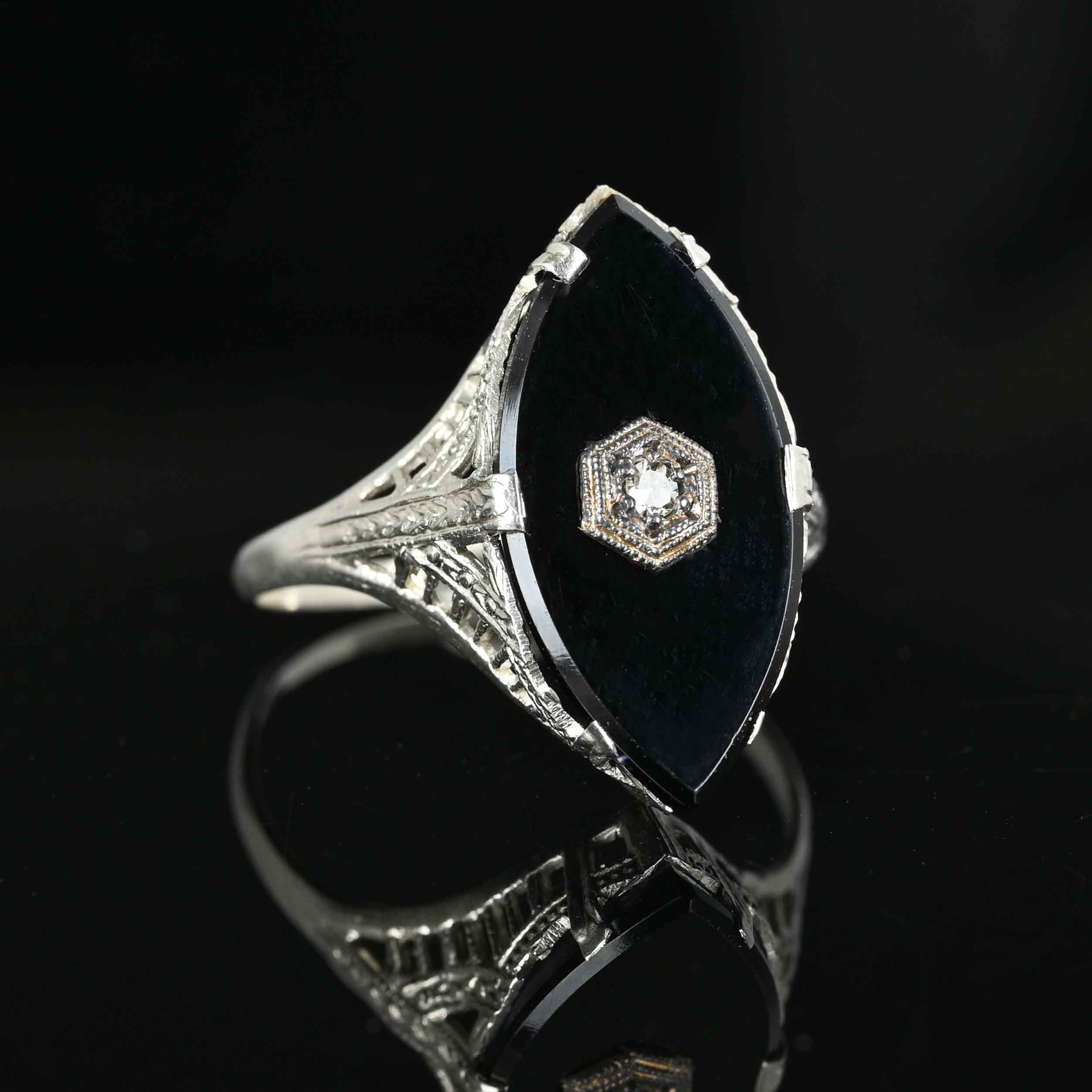 Classic 10K White Gold Diamond Center Black cheapest Onyx Ring ~ Art Deco ~