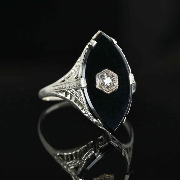 Art Deco Diamond Onyx Ring in 14K White Gold - Boylerpf