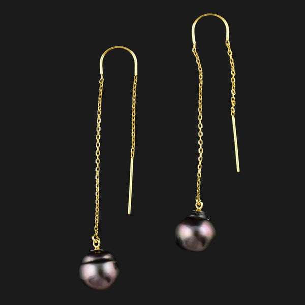 Vintage 14K Gold Black Pearl Threader Earrings - Boylerpf