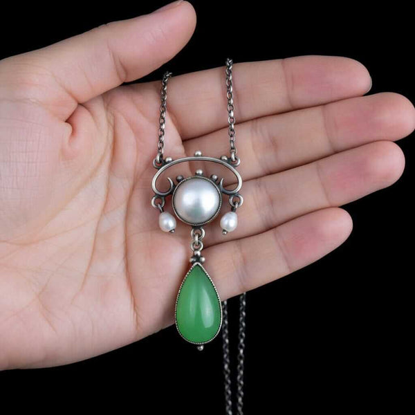 Antique Arts & Crafts Chrysoprase Pearl Drop Pendant Necklace - Boylerpf
