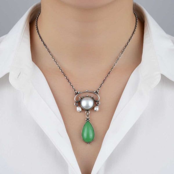 Antique Arts & Crafts Chrysoprase Pearl Drop Pendant Necklace - Boylerpf