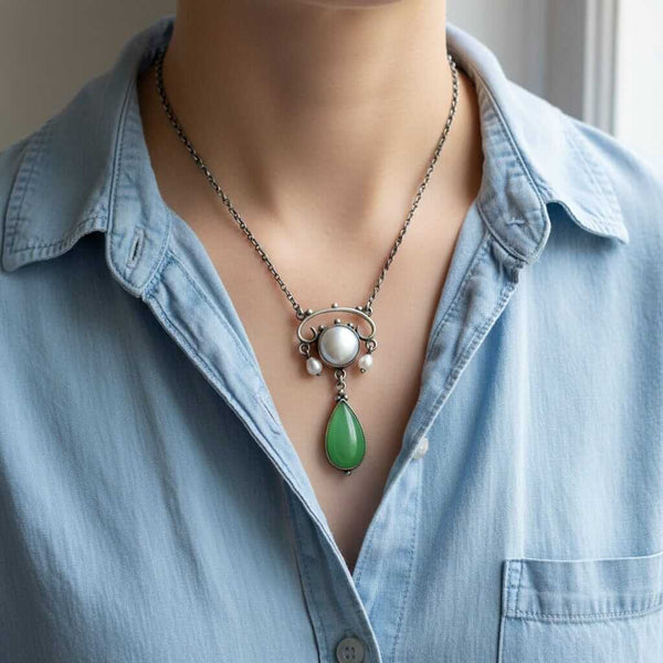 Antique Arts & Crafts Chrysoprase Pearl Drop Pendant Necklace - Boylerpf
