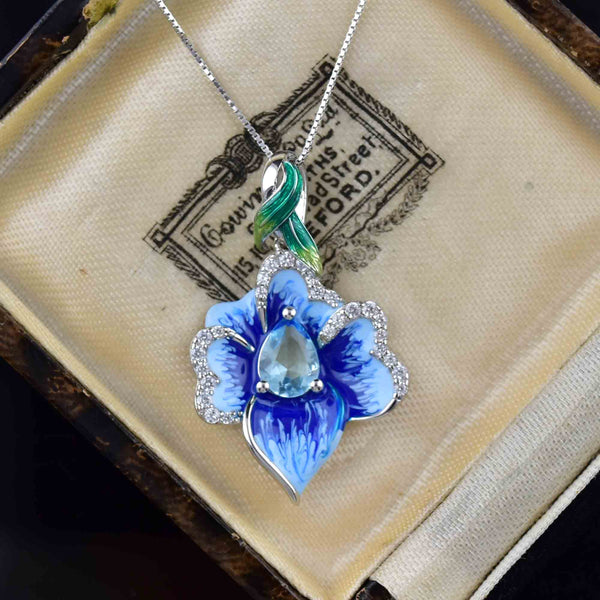 Vintage Sterling Silver Enamel Blue Topaz Flower Pendant Necklace - Boylerpf